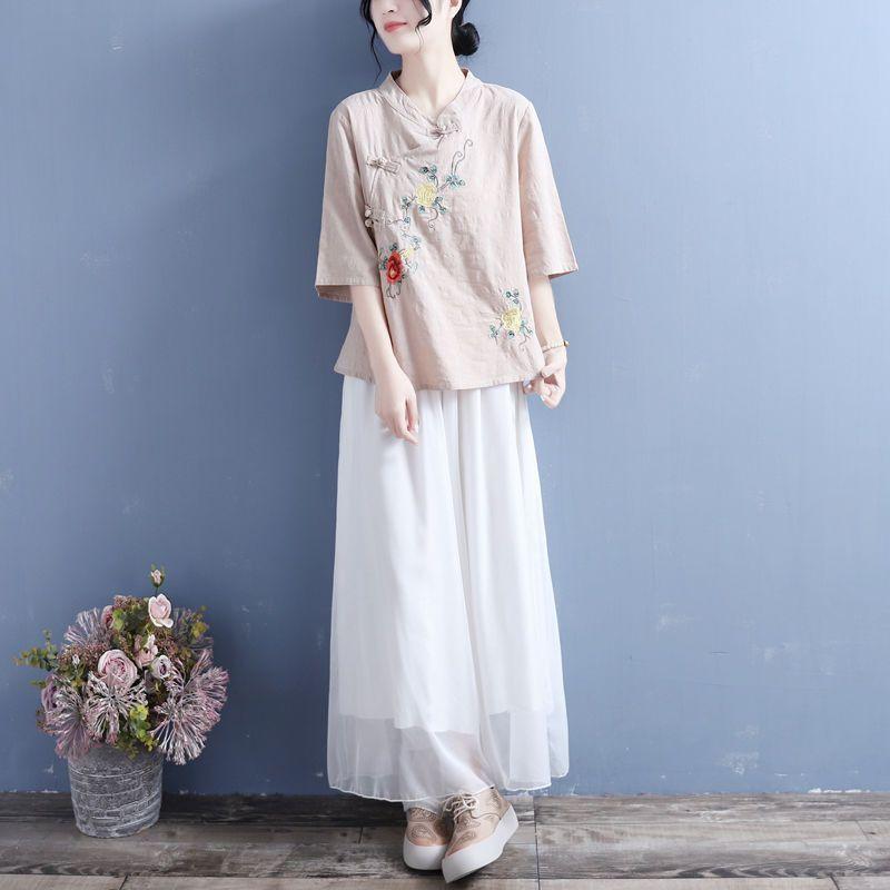 

Лето Новая Мода Рубашка с Полурукавом Женская Уличная Повседневная Свободная Вышитая Пуловеры на Пуговицах Хлопок Конопля Винтажный Шик Топы XXXL дубильная кора