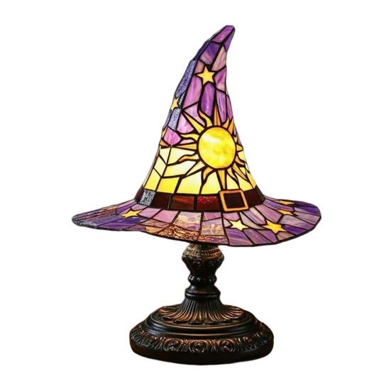 Witch Hat Lamp Stained Glass Resin Wizard Hat Light Spooky Gothic Table Lamp Decorative Standing Light for Indoor Party Haunted Halloween Bedroom