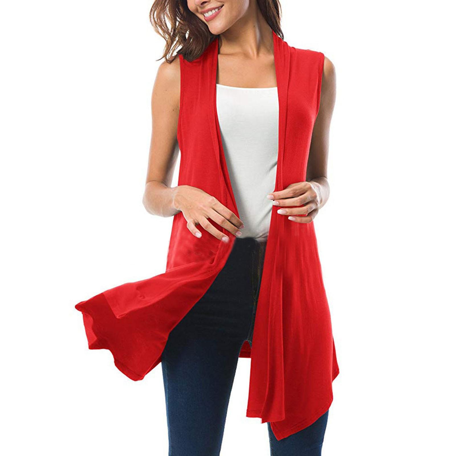 

Женский повседневный однотонный кардиган без рукавов с открытой передней частью и майкой XL красный