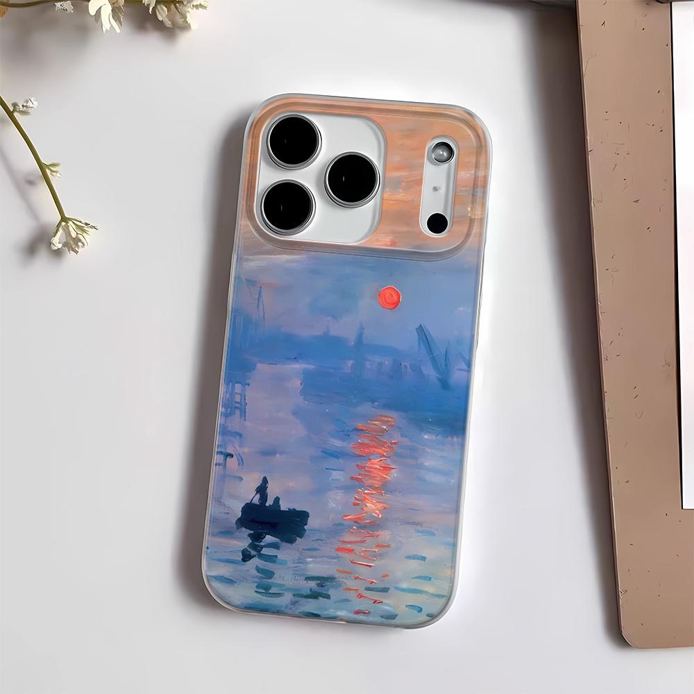 Phone Case For Iphone 14 15 Plus 16 17 Air 13 12 11 Pro Max Protective Solid Impact Resistant Funda Sunset Oil Painting Cover