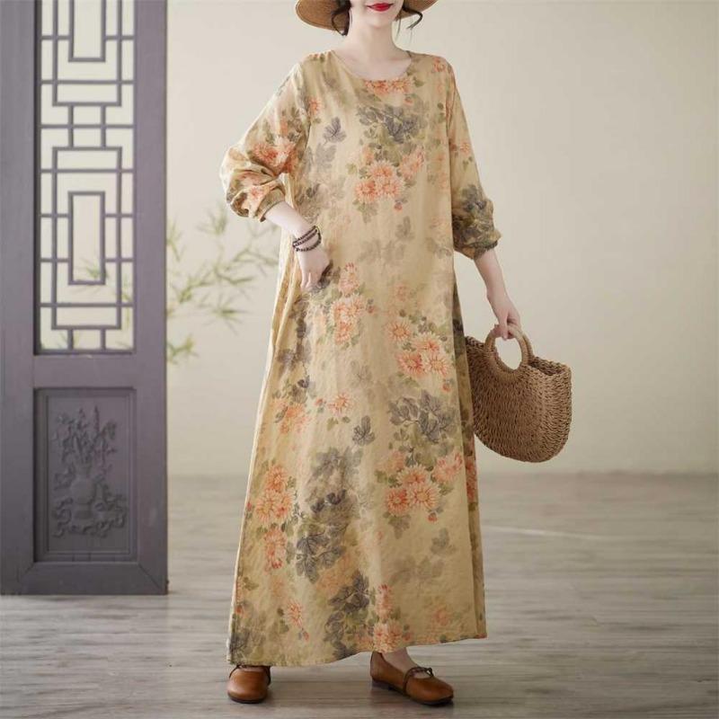 Printed Round Neck Loose Plus Size Long Sleeve Plus Size Vacation Dresses