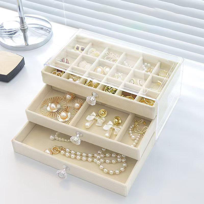 Acrylic Jewelry Box 3 Drawers, Velvet Jewellery Organizer, Earring Rings Necklaces Bracelets Display Case Gift for Women, Girls