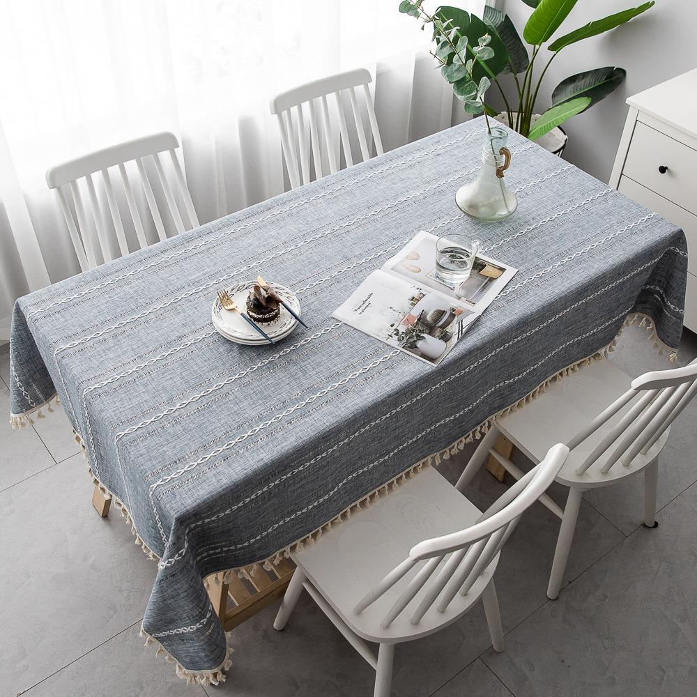 Table Cover Cotton Linen Tablecloth Stripe Tassel Stain Resistant Dust-Proof  for Kitchen Dinning Tabletop Decoration Rectangular