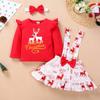 Neugeborenes Baby Mädchen Langarm Hirsch Tops + Bowknot Hosenträger Rock + Stirnband Set