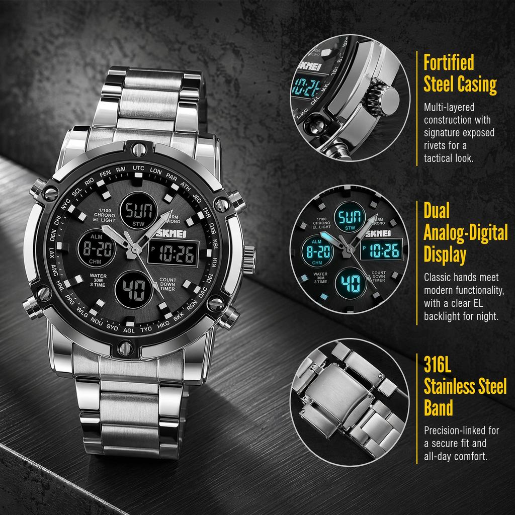 Orologio Digitale da Uomo SKMEI Triplo Fuso Orario Doppio Display Acciaio Inossidabile 1389