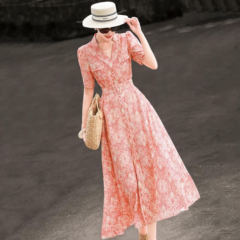 Lanseer 2026 Summer French V-Neck Printed Dress M