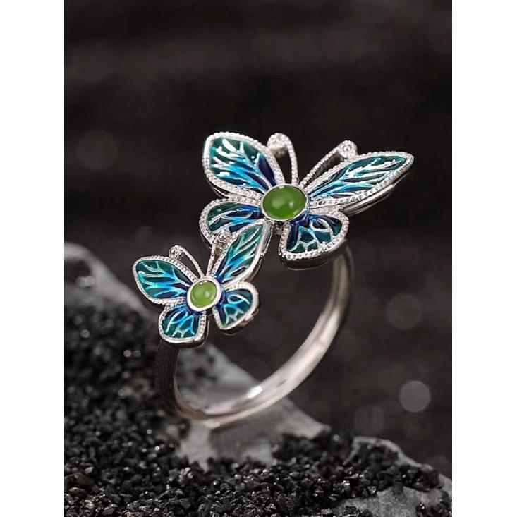 Natural Jasper Double Butterfly Ring for Women s925Gold-plated, Enamel-painted, Niche Design with an Ancient and Ethereal Feel, Adjustable Opening