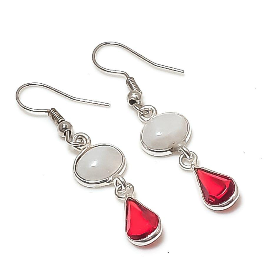 Moonstone, Garnet Gemstone 925 Sterling Silver Earring 1.65"