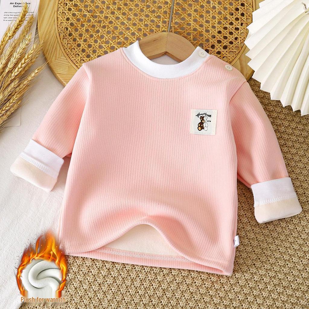 Kids' Velvet-Lined Round Neck Warm Top for Autumn & Winter
