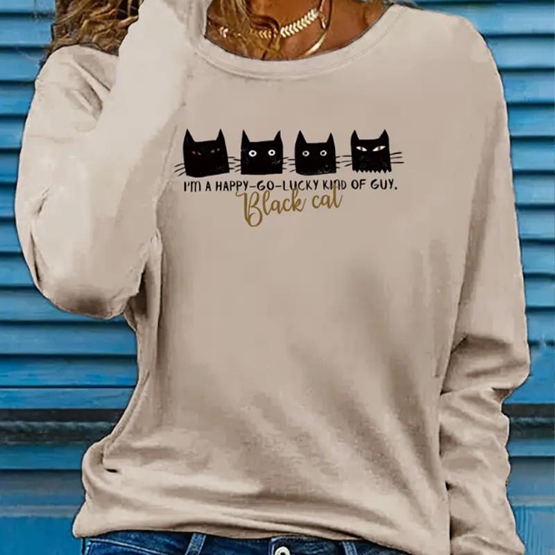 

Топы для женщин, симпатичный принт с головой кошки, круглый вырез, длинный рукав, футболка, осенний повседневный тонкий пуловер, женский топ с длинным рукавом 8XL бежевый