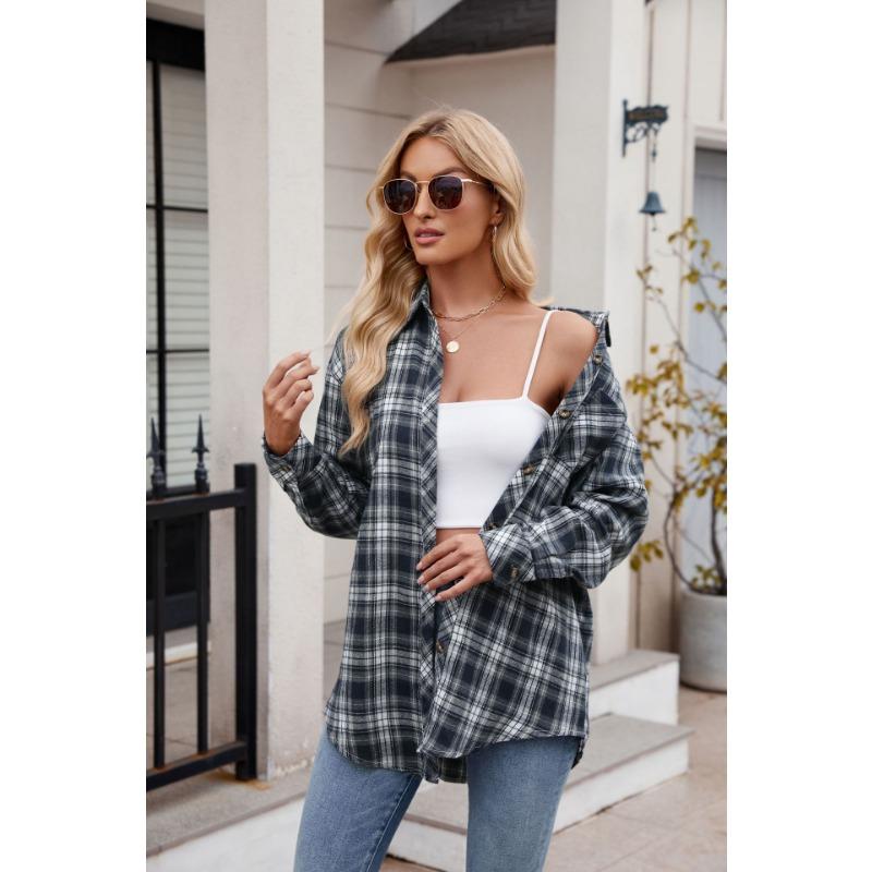 Women S Casual Loose Plaid Long Sleeve Shirt For Autumn Winter