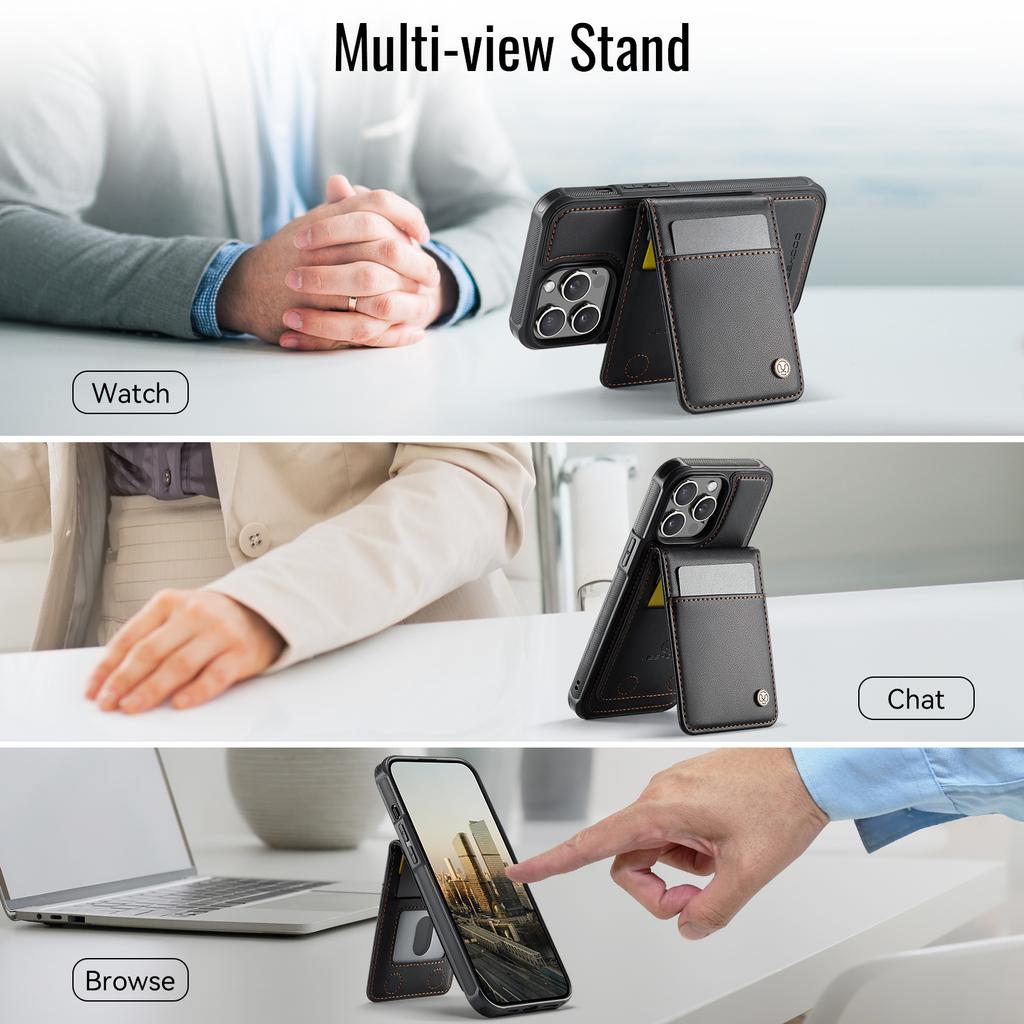 For iPhone 13 Pro 6.1 inch Leather Back Cover Compatible with MagSafe JEEHOOD J06 Phone Case with Card Bag RFID Blocking