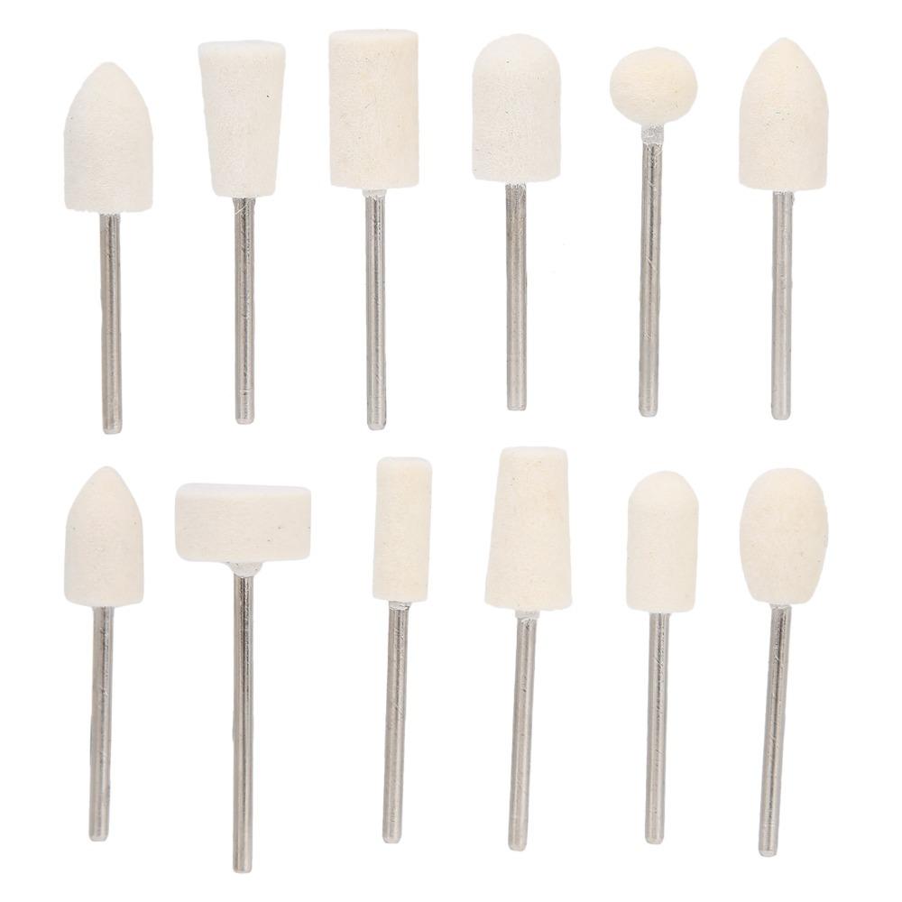 12pcs White Wool Felt Nail Polishing Head Manicure Grinding Drill Bit Gel Nail Surface Fine Buffing