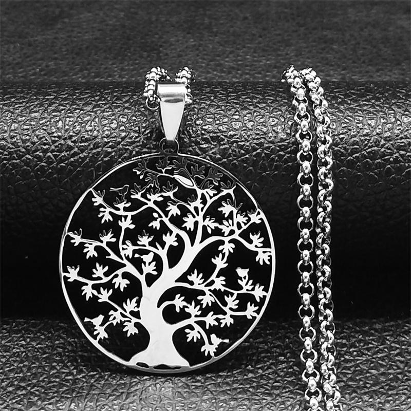 Tree of Life Stainless Steel Long Necklace for Men Black Color Necklaces & Pendants Jewelry cadenas para hombre N834S03