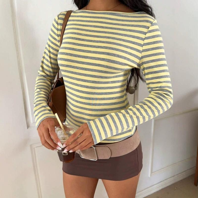Women Color Matching Striped Slim Fit Long Sleeve Casual Basic T Shirt