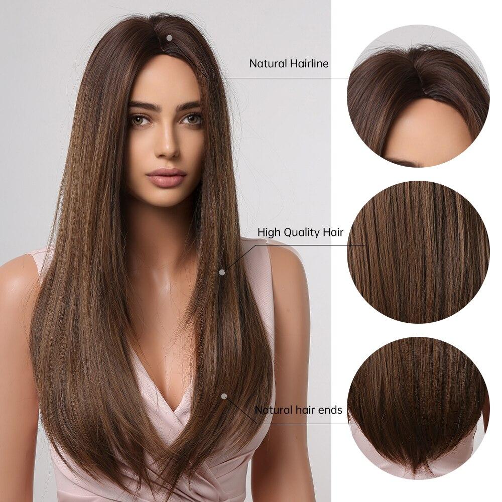 HAIRCUBE Long Straight Brown Ombre Natural Hair Wigs Middle Part Heat Resistant Synthetic Wigs for Afro Women Daily Cosplay Fashion Wigs