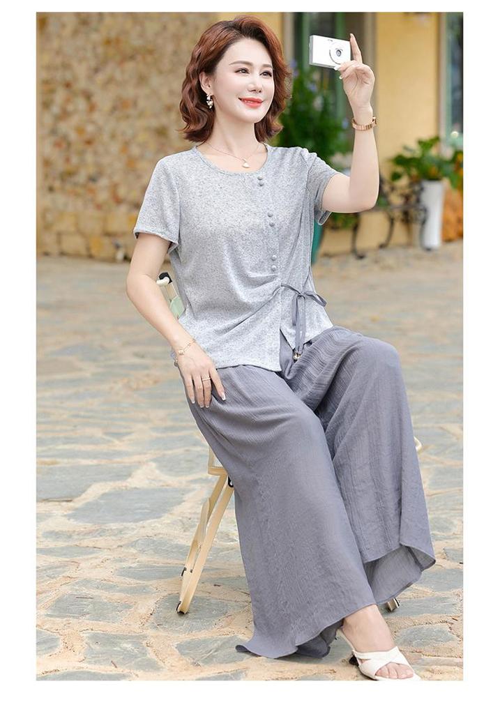 Elegant Summer Suit Set for Middle-Aged Women: Short Sleeve Top & Wide-Leg Pants