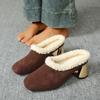 Winter Women High Heel Pumps Handmade Warm Fur Snow Boots Medium Heel Single Shoes Leather Rubber Outsole Comfortable  Booties