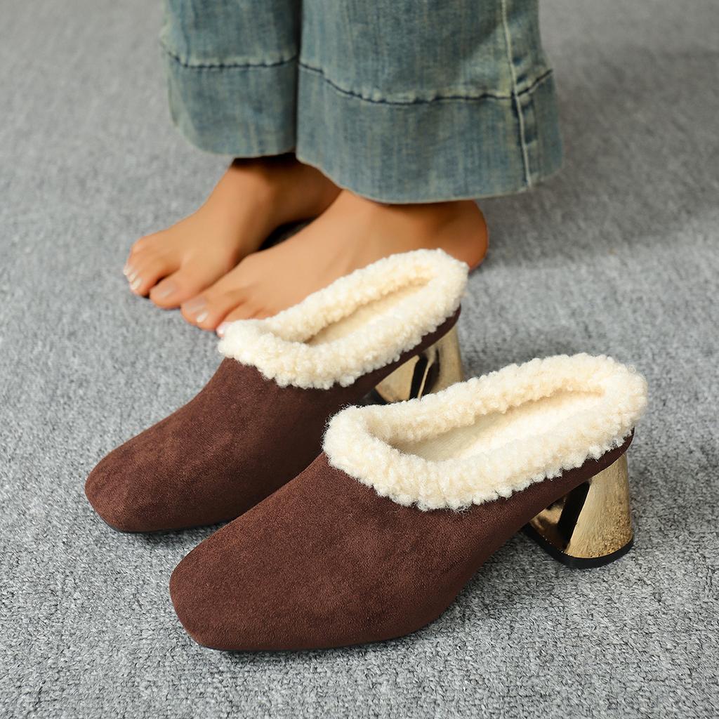 Winter Women High Heel Pumps Handmade Warm Fur Snow Boots Medium Heel Single Shoes Leather Rubber Outsole Comfortable  Booties