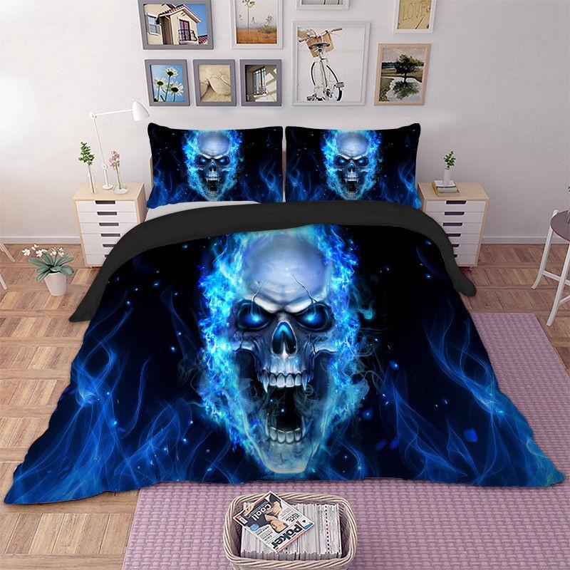 Premium 3d Blue Fire Skull Duvet Cover Pillow Cases Quilt Cover Bedding Set For All Sizes