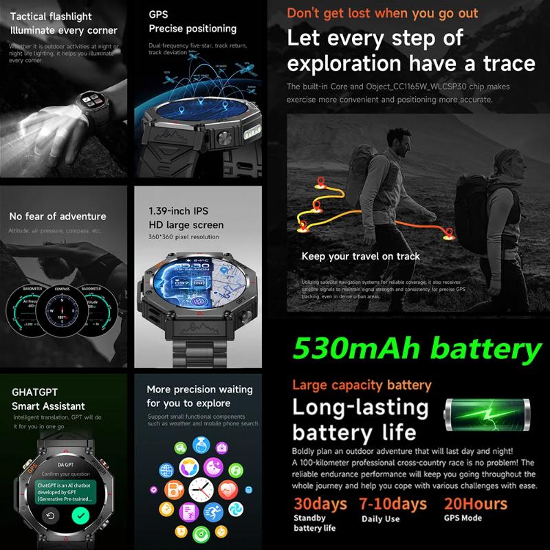 GPS Smart Watch ChatGPT AI 5ATM Waterproof Bluetooth Call Built-in Compass Altimeter Barometric Sport Watch with LED Flashlight