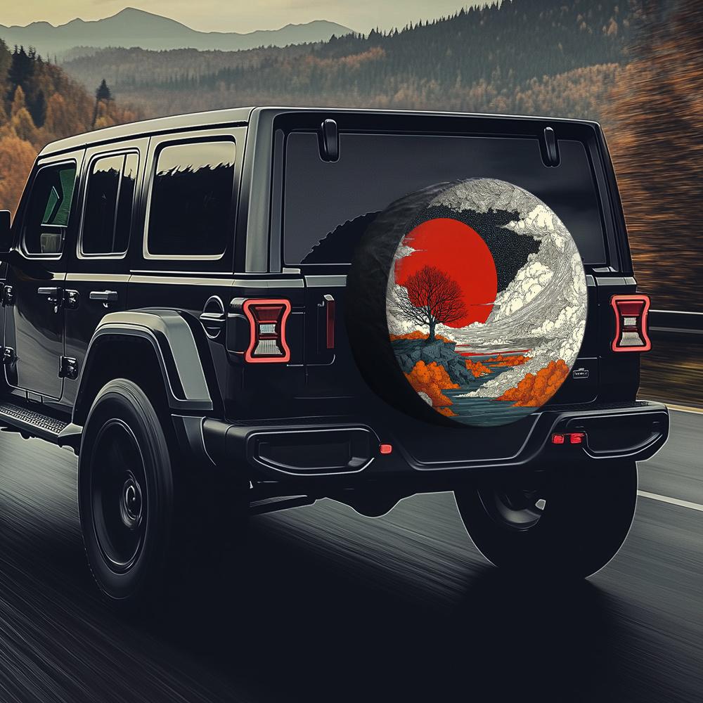 Japanese Ukiyo-e Red Sun Tree Tire Cover Polyester Fiber Durable Spare Wheel Cover for Hatchbacks Vintage Open-Top GT Cars
