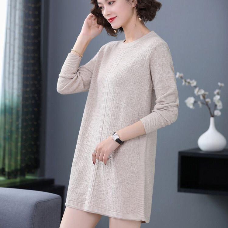 Mid-length Sweater Dress Solid Color Loose Knitted Sweater for Women Casual Long-sleeved Pullover Autumn and Winter