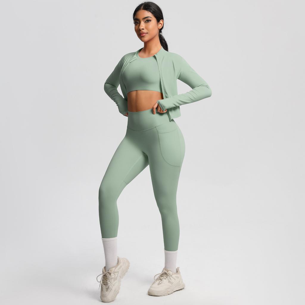 High Waisted, Hip Lifting, Tight Fitting, Quick Drying Yoga Suit Set, Cloud Inspired Running And Fitness Sportswear Three Piece Set For Women