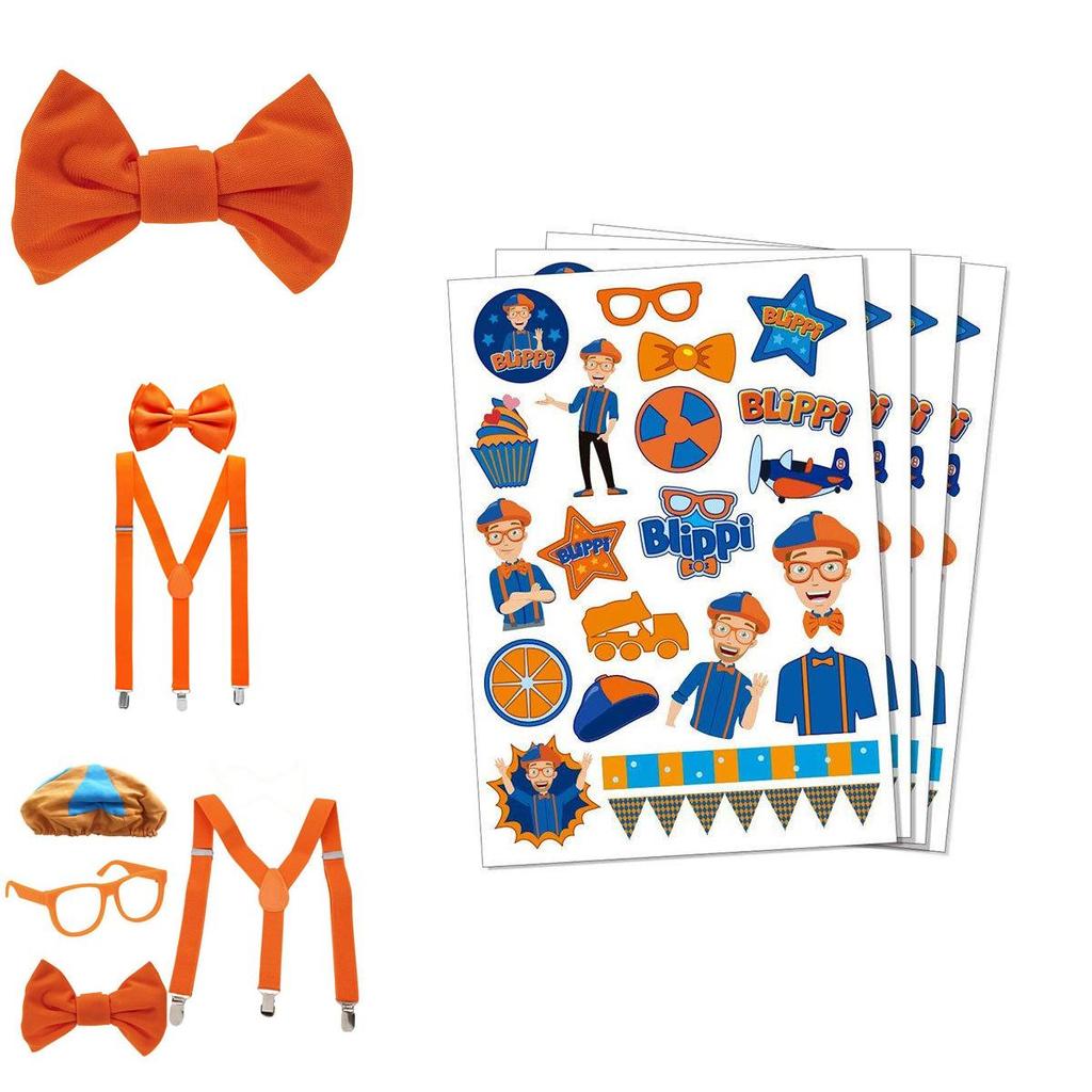 Costume da Blippi con Bretelle Arancioni Brillanti Regolabili e Cappello