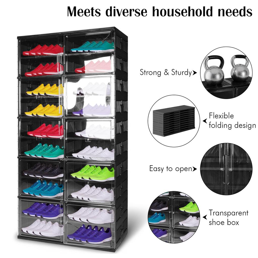 10 Tiers Foldable Shoe Rack Organizer with Magnetic Clear Door Collapsible Shoe Cabinet Plastic Shoe Storage Box for Living Room