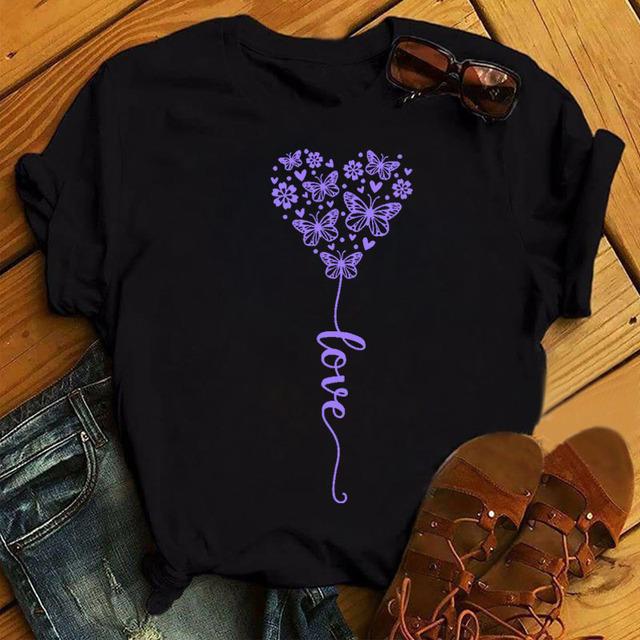 New Fashion Women Black T Shirt Friends Gift Flower Love Print Cute Tee Shirt Female Harajuku Tops Woman Short Sleeve T -Shirts