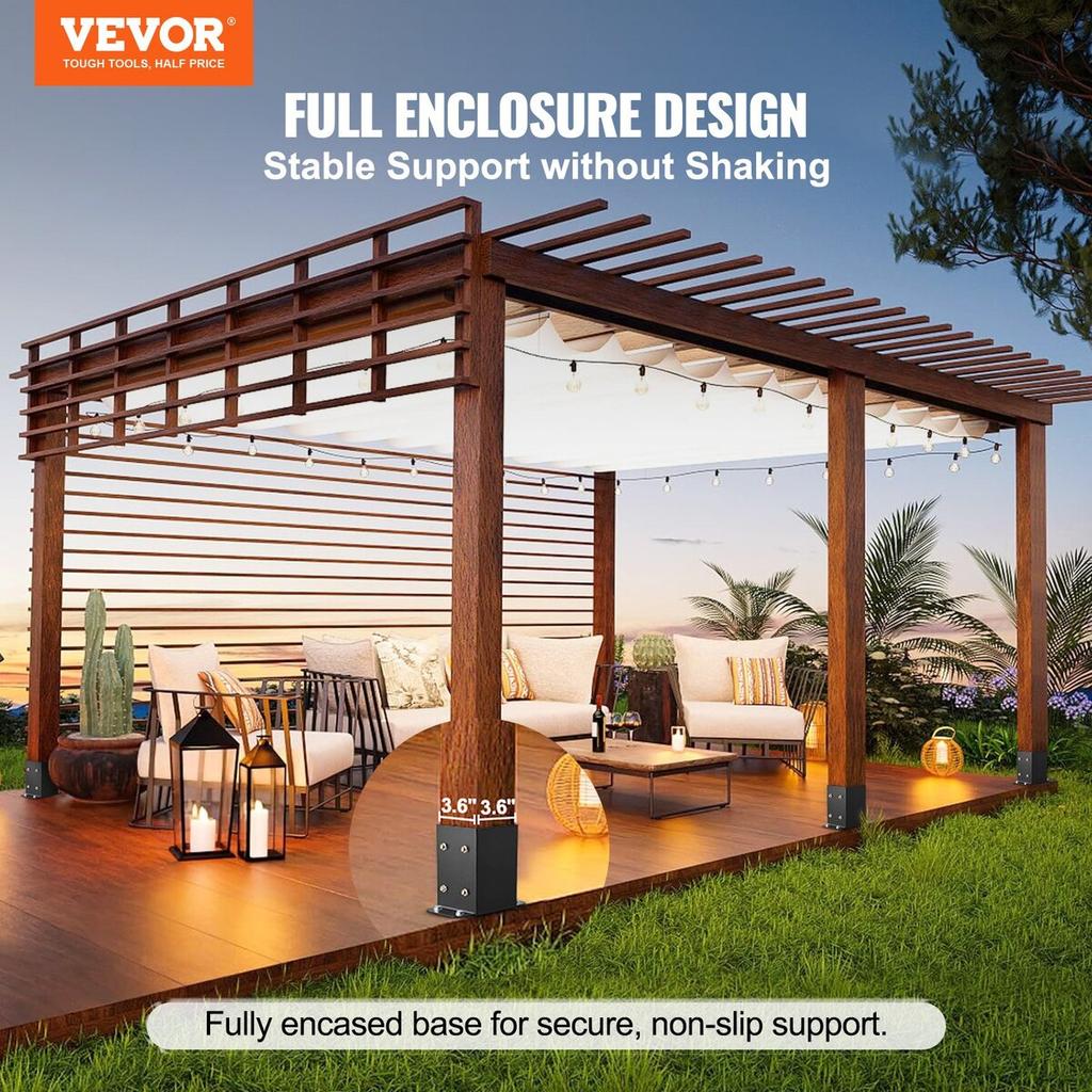 4x4 Post Base 2 Pcs, Inner Size 3.6"x3.6" Post Base Brackets, Heavy Duty Powder-Coated Post Anchor Matte Black Wood Post Brackets for Pavilion Deck
