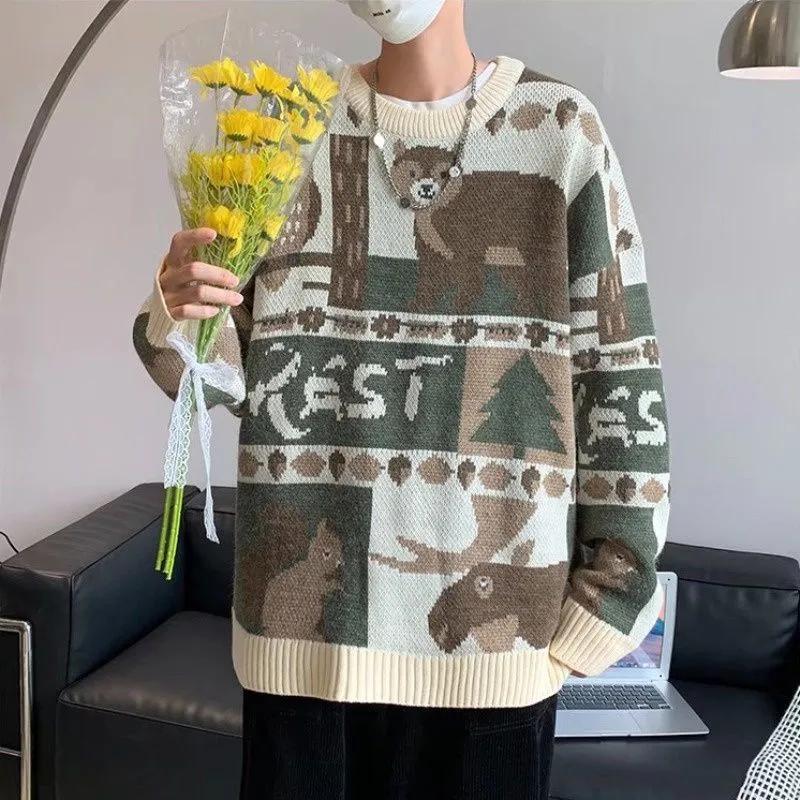 Podzim Zima Vintage Svetr Pánský Roztomilý Medvěd Pletený Svetr Pulovr Hip Hop Streetwear Pánské Oblečení s Dlouhým Rukávem Topy