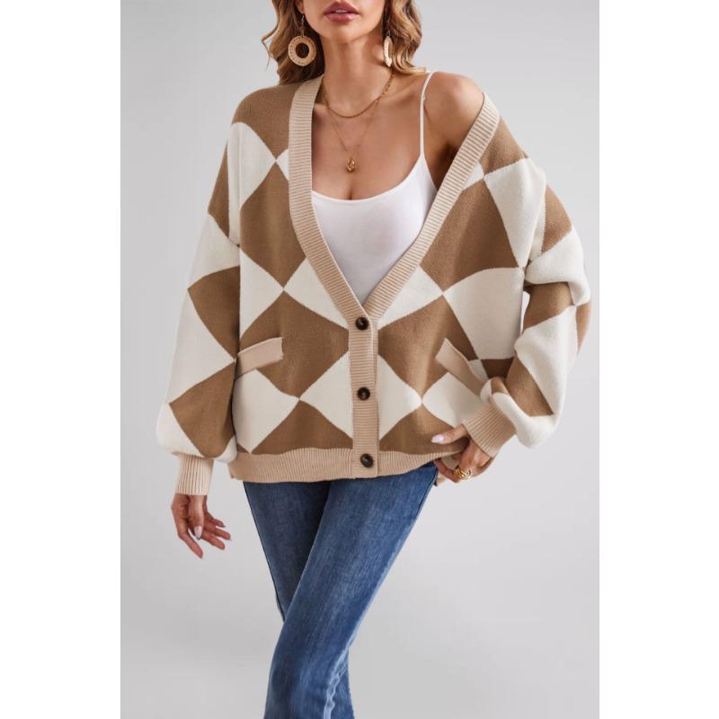 Winter hot sale V-neck rhombus splicing contrasting color loose knitted cardigan jacket women
