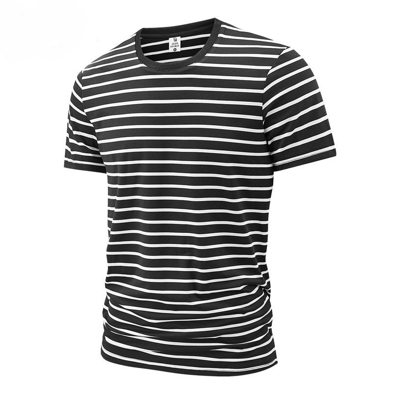 

Мужская летняя повседневная универсальная футболка с коротким рукавом и круглым вырезом в полоску L чёрный