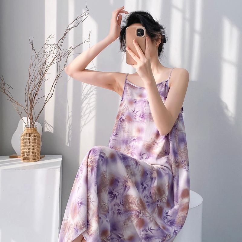 Suspender small fresh cotton and silk nightdress women's summer thin sleeveless lazy style loungewear high-end sense holiday dress