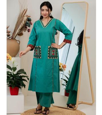 Indian Women Cotton Embroidered Kurta Pant Set Bollywood Top Tunic Kurti Party Wear Ethnic