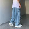 Japanese Retro Wide-Leg Casual Denim Pants with Large Pockets for Men and Women