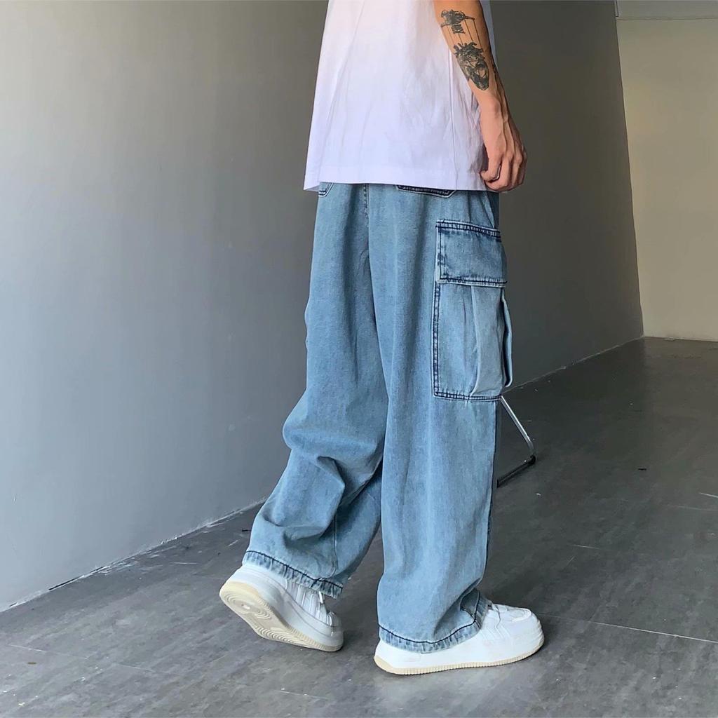 Japanese Retro Wide-Leg Casual Denim Pants with Large Pockets for Men and Women