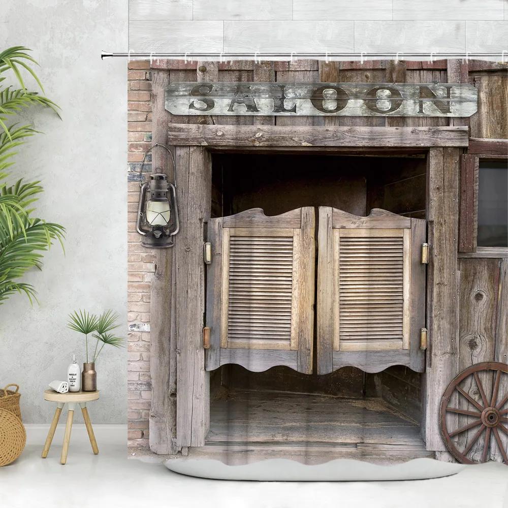 Vintage Wooden Door Shower Curtain, Farm Barn Door Wheel Horseshoe Pentagram Rustic Plank Home Bathroom Decoration Curtain Set