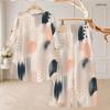 Women Plus Size White Printed Two Piece Set Round Neck Half Sleeve High Low Top Wide Leg Pants