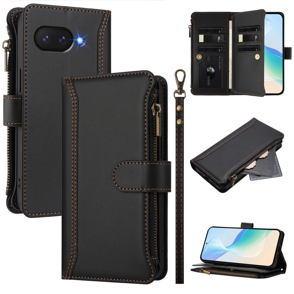 For Google Pixel 9a Leather Case 9 Card Slots Zipper Wallet Stand Phone Cover with Wrist Strap
