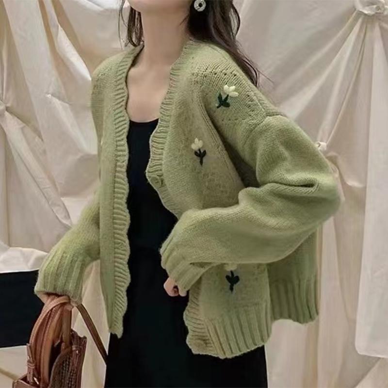 

Винтажный вязаный кардиган с цветочной вышивкой, женский свитер с v-образным вырезом, осенне-зимний укороченный кардиган, женский однотонный трикотаж Y2K 23195 One Size зелёный
