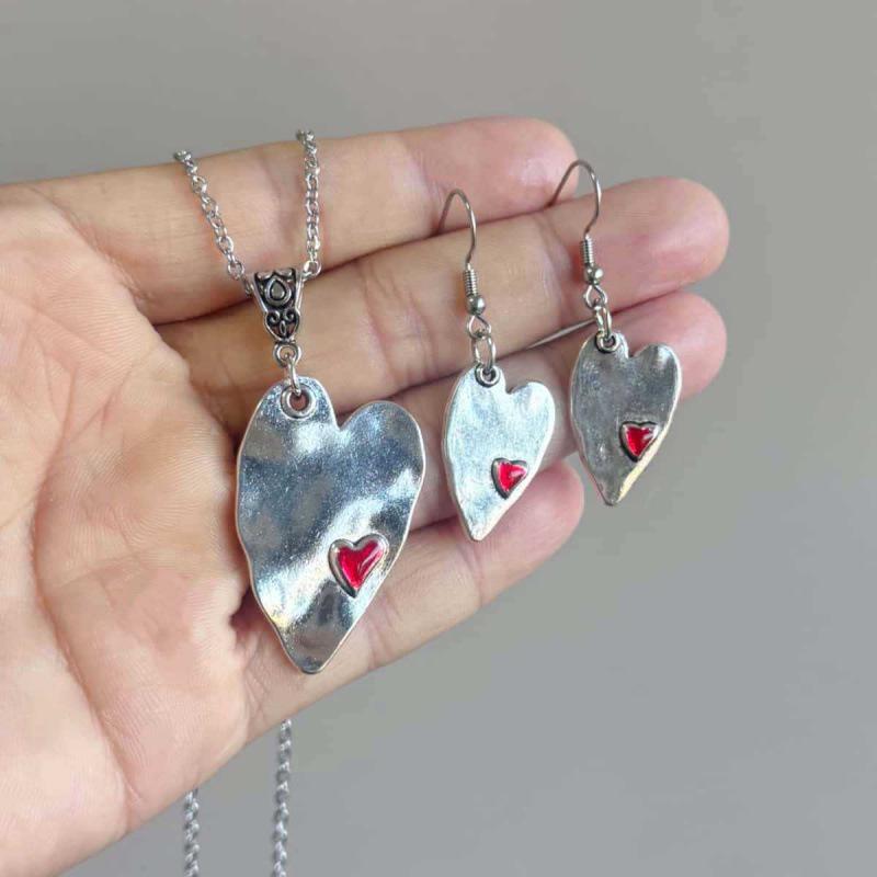 Silver-Plated Double Heart Necklace & Heart Earrings Set