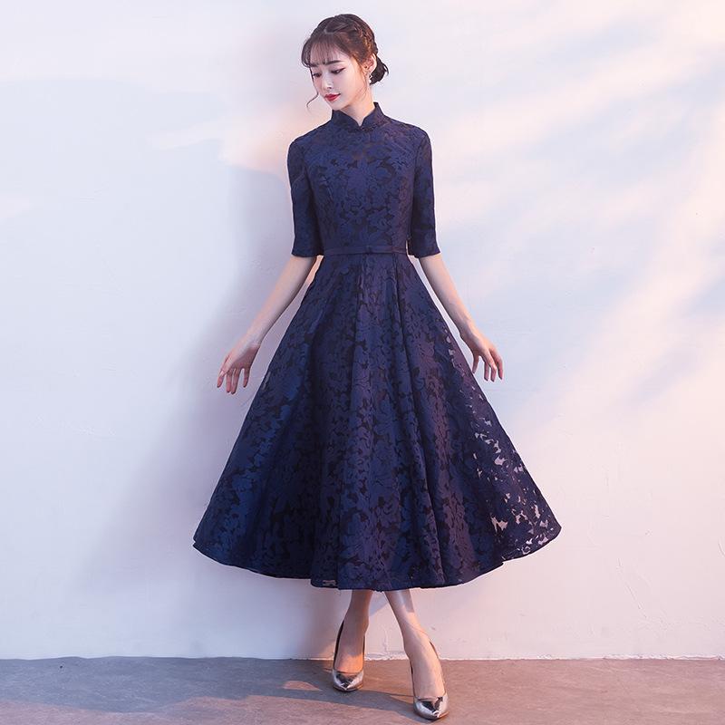 Evening dress new spring medium and long navy blue party dress dress dress looks thin