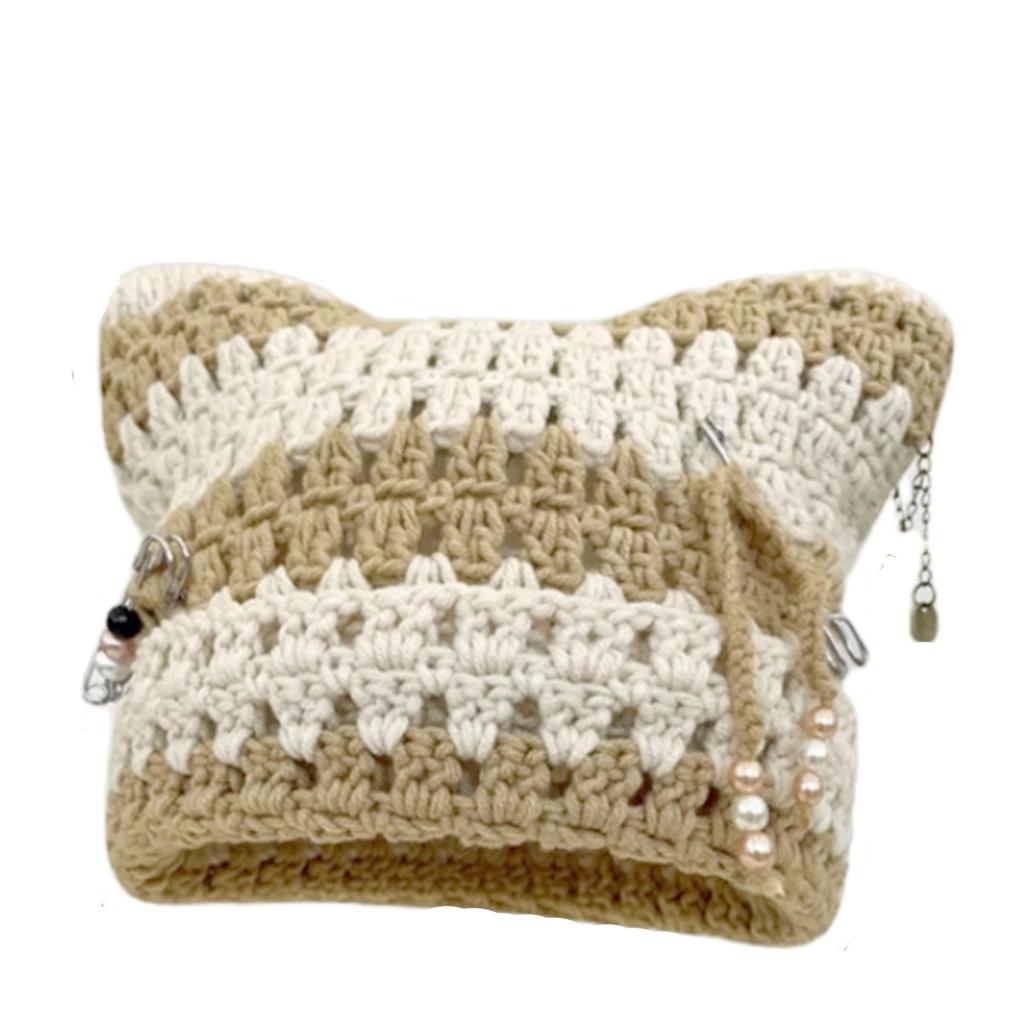 Neutral Hand Crocheted Knitted Pullover Hat with Detachable Metal Pin Tassel Y2K Street Fashion Hip Hop Hollowed Punk Style