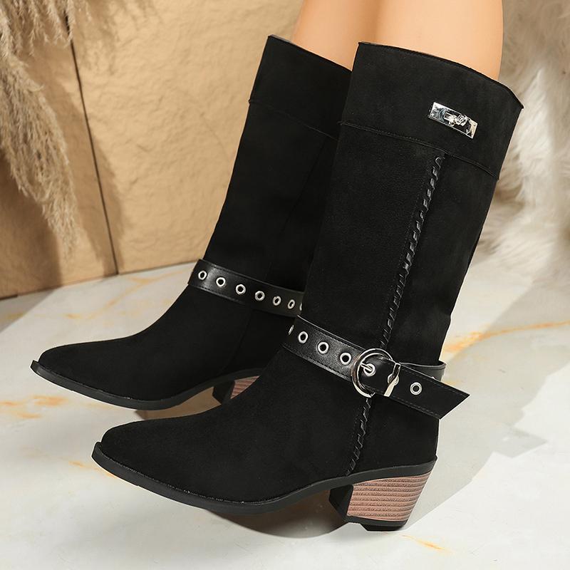 Modna Klamra do Paska Grube Obcasy Buty Westernowe Damskie Retro Wsuwane Szpiczasty Nosek Wysokie do Kolan Buty Damskie Duży Rozmiar Rycerskie Długie Botas Mujer