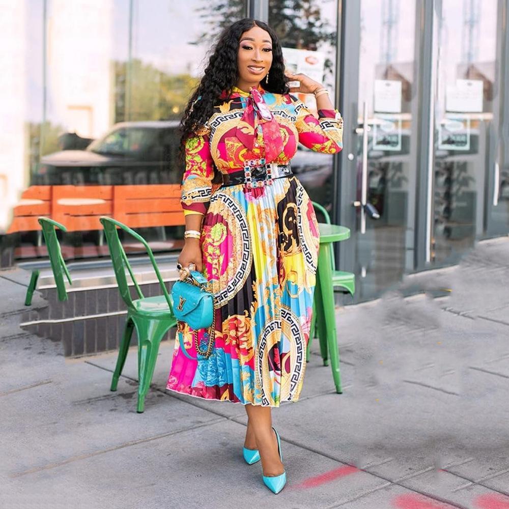 New spring and summer dress African printed bow collar seven-quarter sleeve medium and long dress large size women's clothing