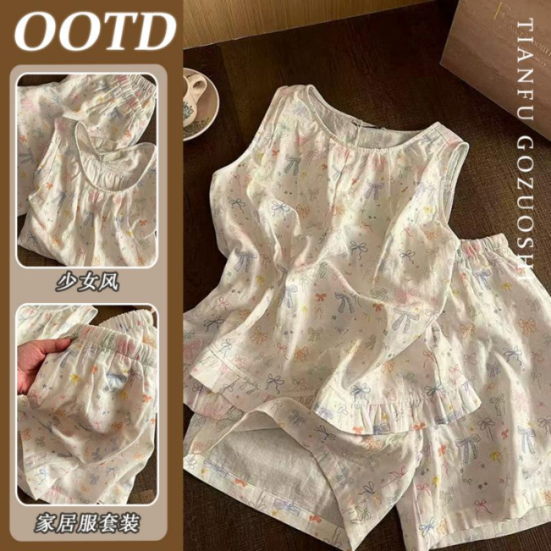 [High-quality imitation cotton] Japanese girls sweet bow vest pajamas women s summer new shorts home M