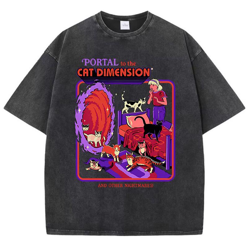 Portal To The Cat Dimension Washed Retro Men Clothes Fashion T-Shirts Streetwear Cotton Loose Tops Breathable Tee Couple
